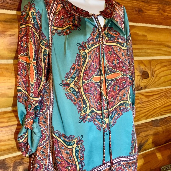 NY Collection Bohemian Boho Satin Blouse Shirt Medium - Picture 4 of 9